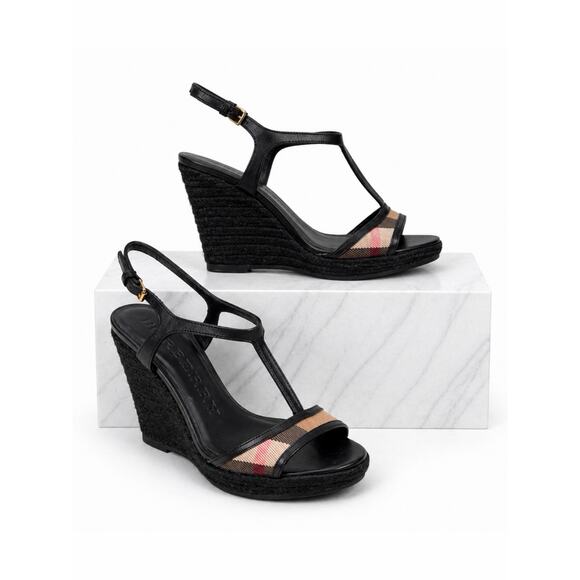 Burberry Shoes - Burberry Nova Check Laleham Leather Wedge Espadrille Sandal Size 36